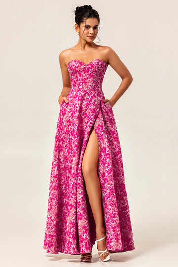 Fuchsia A-Line Strapless Corset Pockets Floral Maxi Dress with Slit